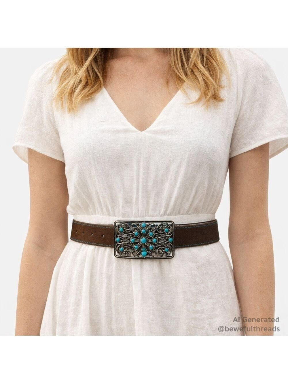 Belt Shak Brown Leather Turquoise Concho-Style Western Belt